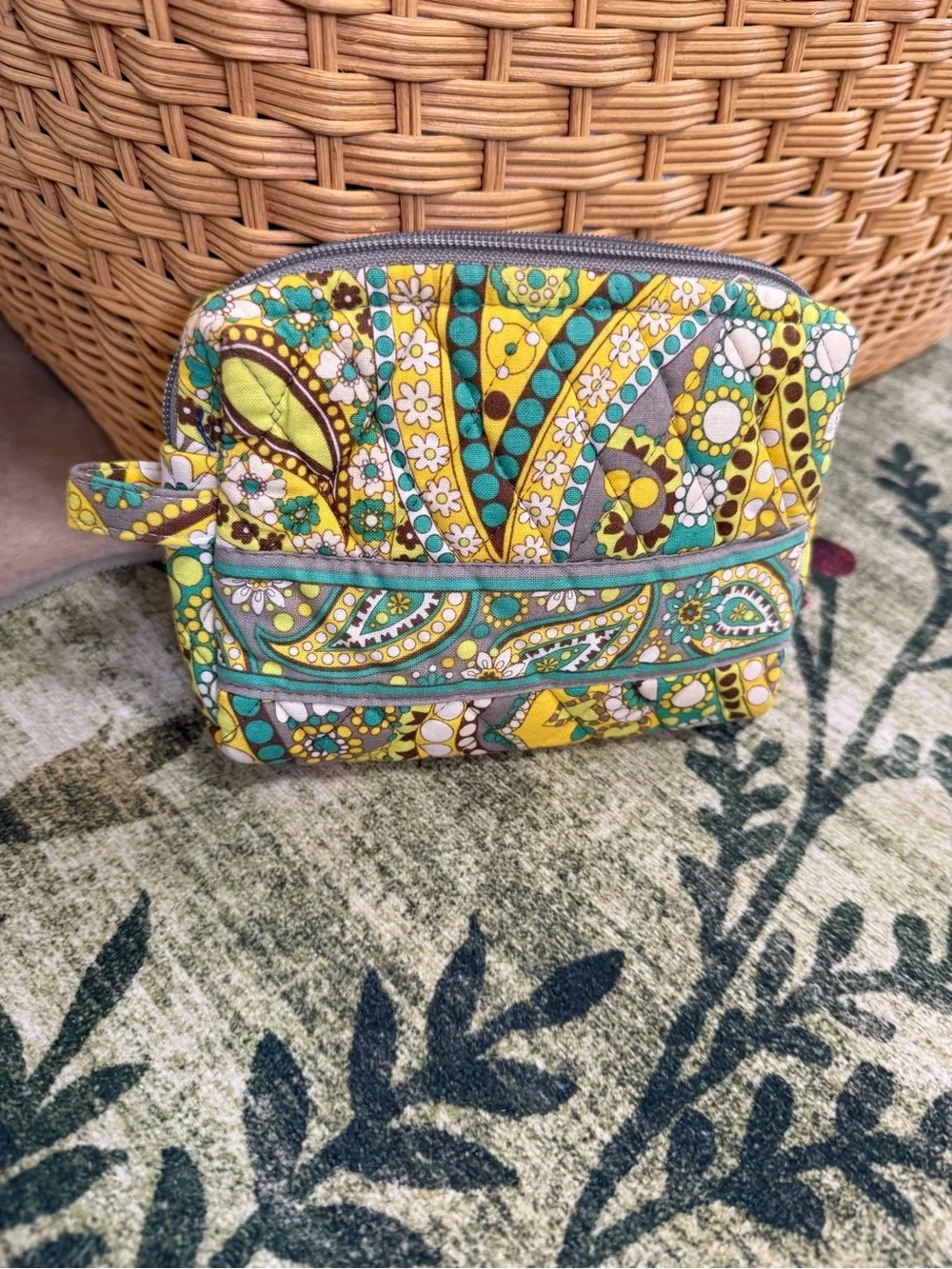 Vintage Vera Bradley Yellow Teal Paisley Quilted Zip Cosmetic Bag Pouch